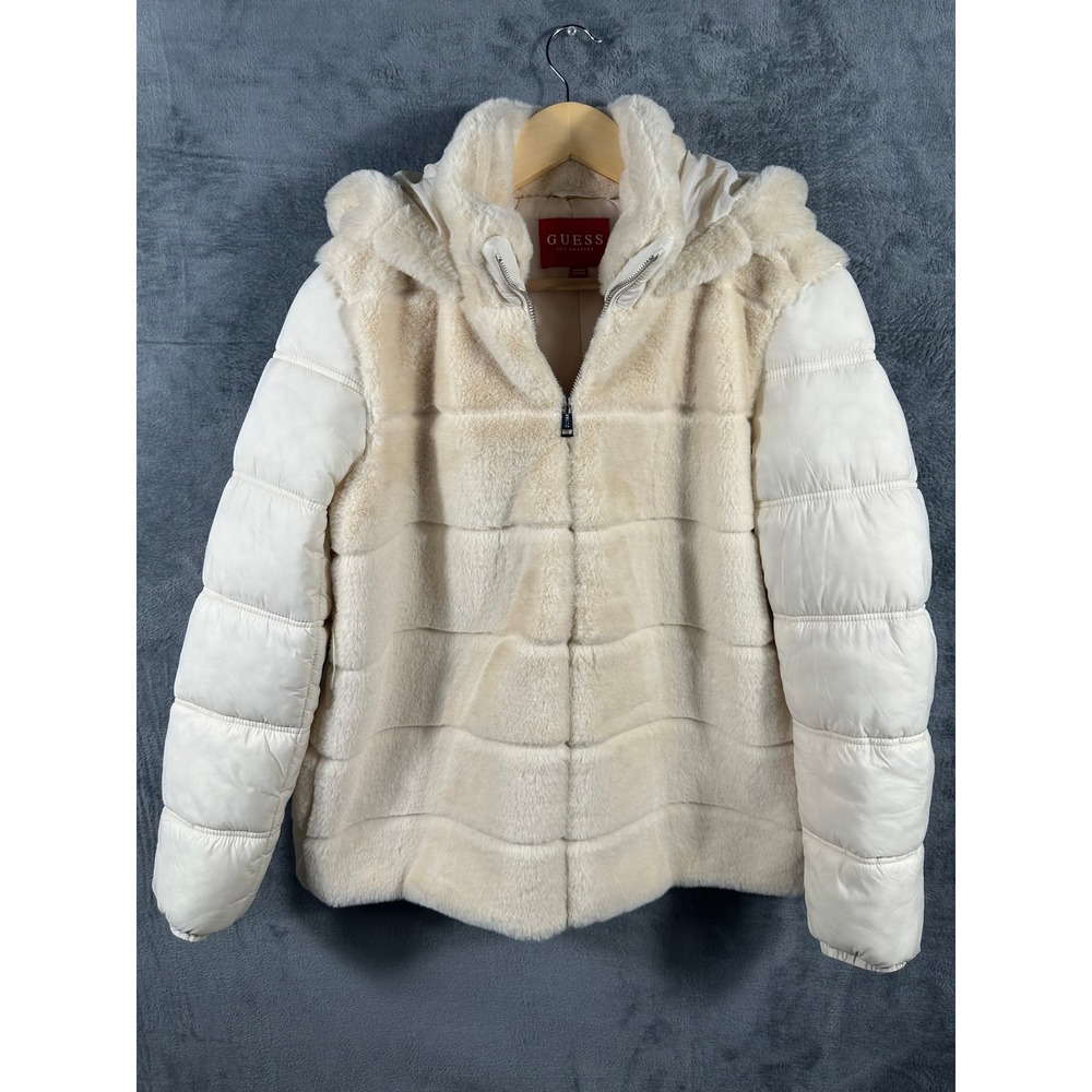 Guess Los Angeles Women Cream Faux Fur Puffer Jacket Hooded Size M R3RL22WEC50